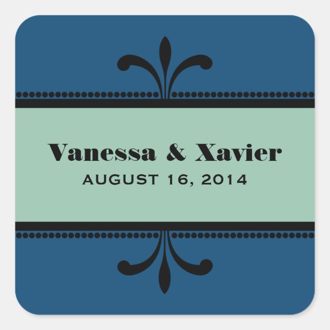 Pegatinas de casamiento azul/jade Fancy Art Deco (Anverso)