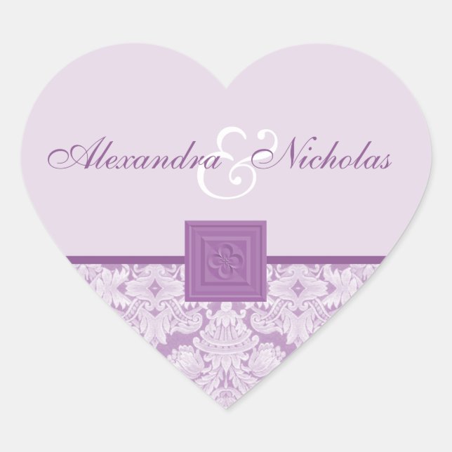 Pegatinas de casamiento cruzado Violet Damask & Qu (Anverso)