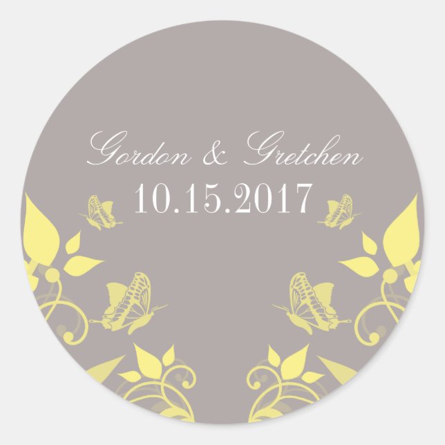 Pegatinas de casamiento floral con mariposa amaril (Anverso)
