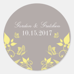 Pegatinas de casamiento floral con mariposa amaril
