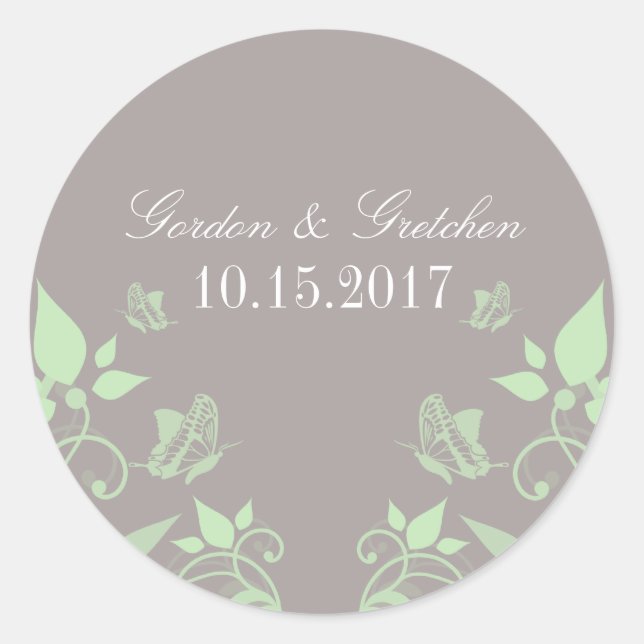 Pegatinas de casamiento floral de mariposa verde (Anverso)