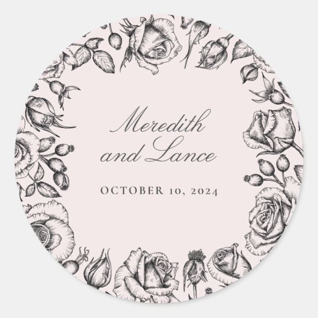 Pegatinas de casamiento rosado con Rosa de época (Anverso)