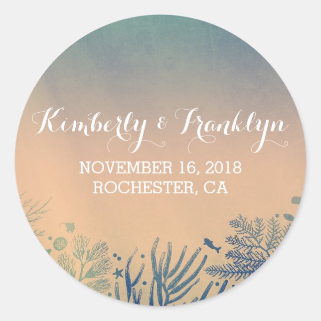 Pegatinas de casamiento submarino azul y Verde azu (Anverso)