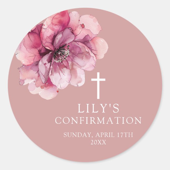 Pegatinas de confirmación florales en acuarela ros (Anverso)