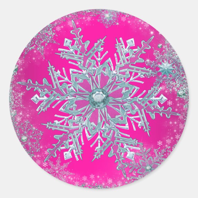 Pegatinas de copo de nieve azul teal rosa intenso (Anverso)