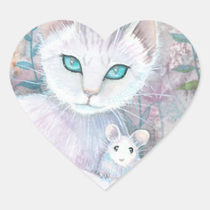 Pegatinas de Corazón de Gato Blanco y Ratón
