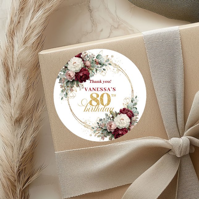 Pegatinas de cumpleaños 80 Botanical Blush Burgund (Botanical Blush Burgundy 80th Birthday Stickers)