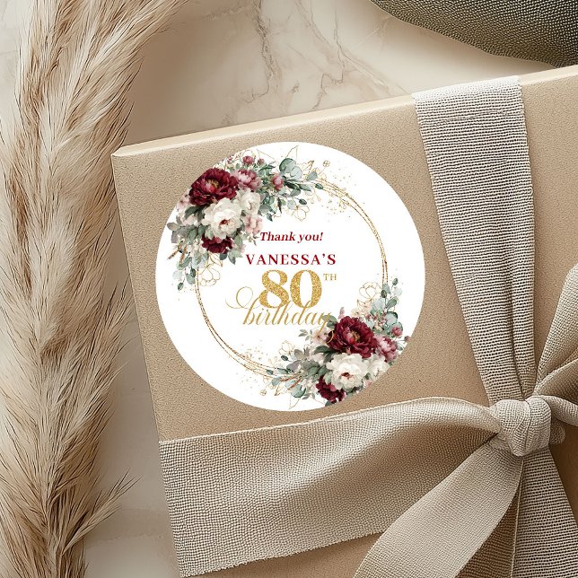Pegatinas de cumpleaños 80 Chic Blush Burgundy (Chic Blush Burgundy 80th Birthday Stickers)