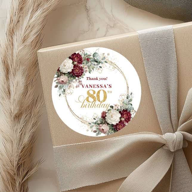 Pegatinas de cumpleaños 80 Marrón Rosa Burdeos (Maroon Blush Burgundy 80th Birthday Stickers)