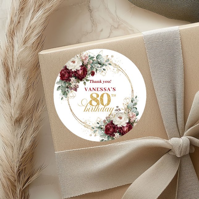 Pegatinas de cumpleaños 80 refinadas rubor burdeos (Refined Blush Burgundy 80th Birthday Stickers)