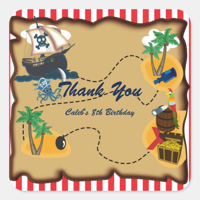 Pegatinas de cumpleaños con mapa del tesoro pirata (Anverso)