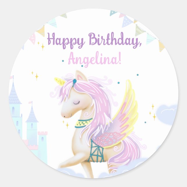 Pegatinas de cumpleaños con un adorable unicornio. (Anverso)