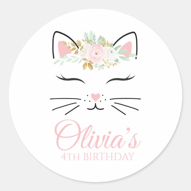 Pegatinas de cumpleaños de gatito floral cara de g (Anverso)