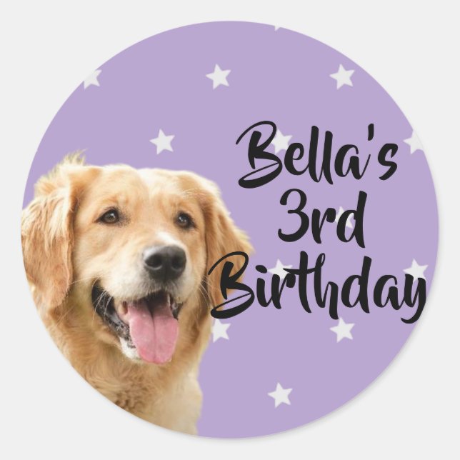 Pegatinas de cumpleaños de mascota morado personal (Anverso)