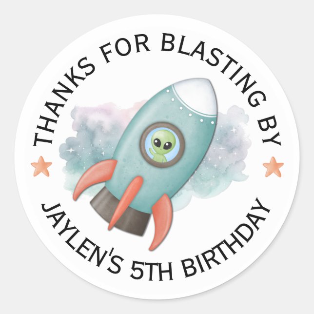 Pegatinas de cumpleaños de nave espacial cohete al (Anverso)