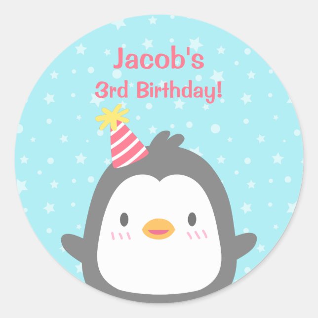 Pegatinas de Cumpleaños de Pingüino Pequeño y Ador (Anverso)
