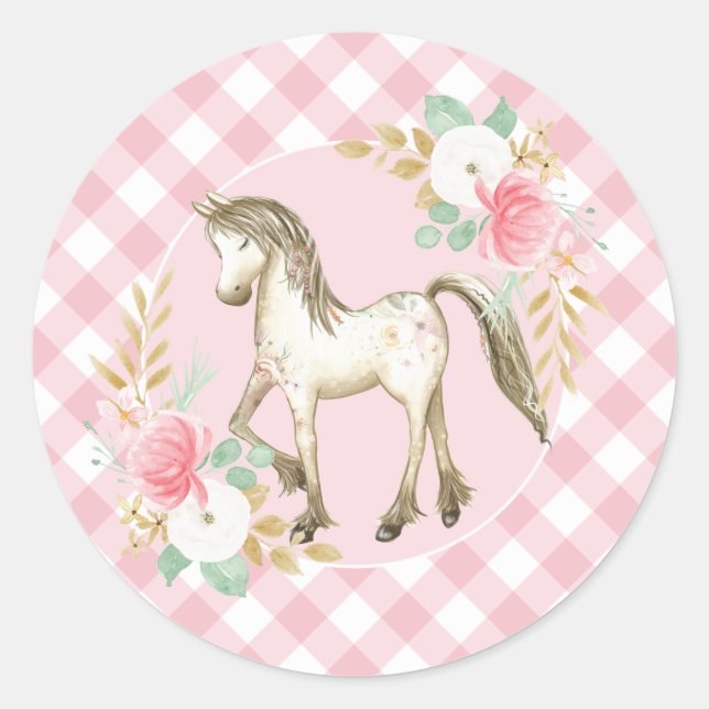 Pegatinas de cumpleaños de pony floral y cuadros (Anverso)