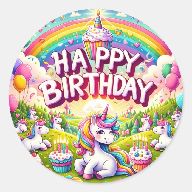 Pegatinas de cumpleaños de Unicorn Whimsical (Anverso)