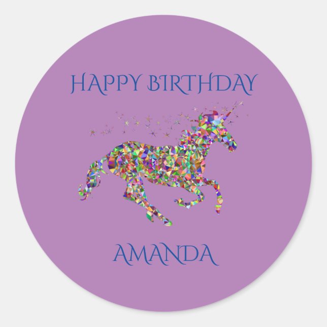 Pegatinas de cumpleaños de unicornio con el nombre (Anverso)