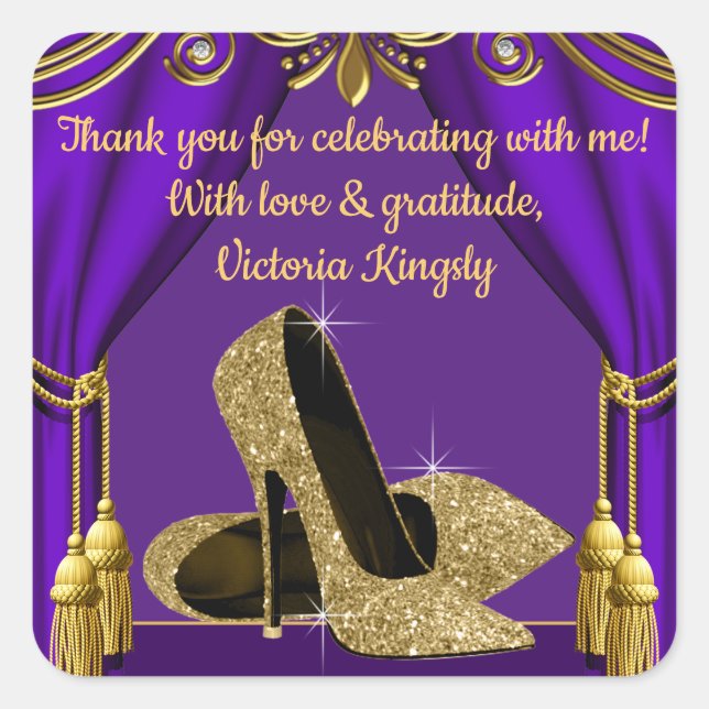 Pegatinas de cumpleaños de zapato dorado morado pa (Anverso)