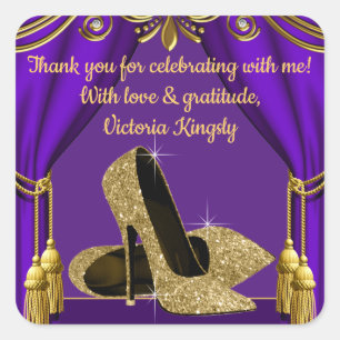 Pegatinas de cumpleaños de zapato dorado morado pa
