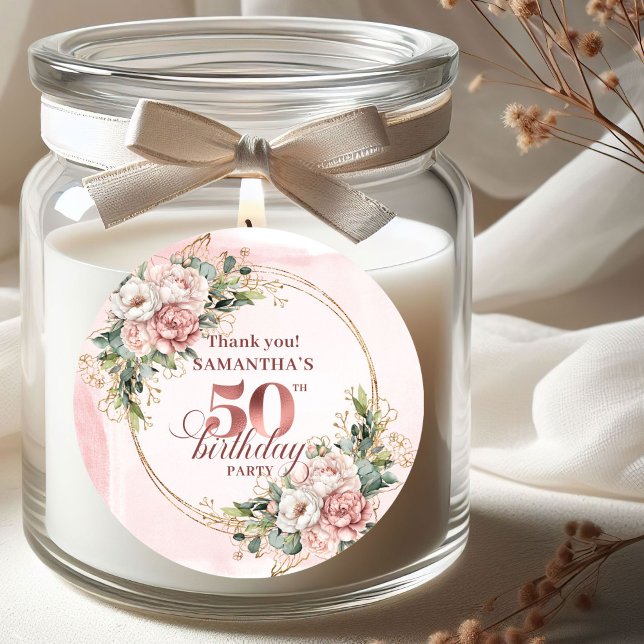 Pegatinas de cumpleaños número 50 con flores verde (Dusty Pink Floral Greenery 50th Birthday Stickers)