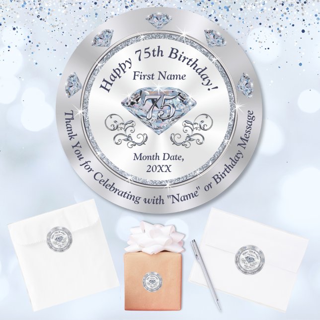 Pegatinas de cumpleaños número 75, para favores, (75th birthday stickers. 75th birthday favors. 75th birthday envelope seals. 75th birthday supplies.)