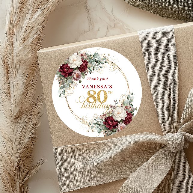 Pegatinas de cumpleaños número 80 Premium Rubor Bu (Premium Blush Burgundy 80th Birthday Stickers)