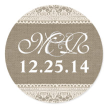 pegatinas de encajes de burlap monagrama y fecha d