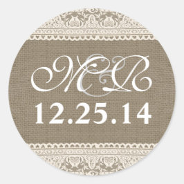 pegatinas de encajes de burlap monagrama y fecha d