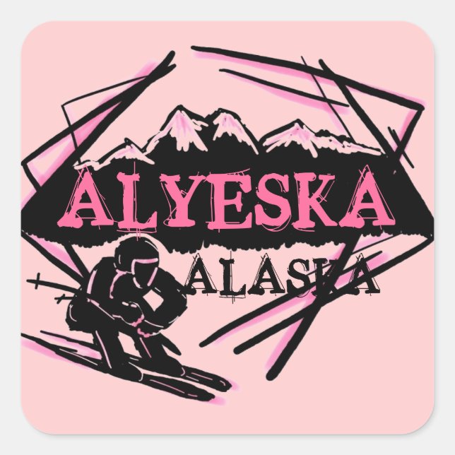 Pegatinas de esquí rosa de Alyeska Alaska (Anverso)