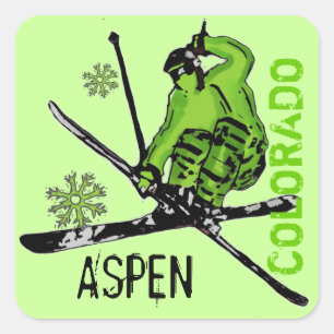 Pegatinas de esquiador verde de Aspen Colorado