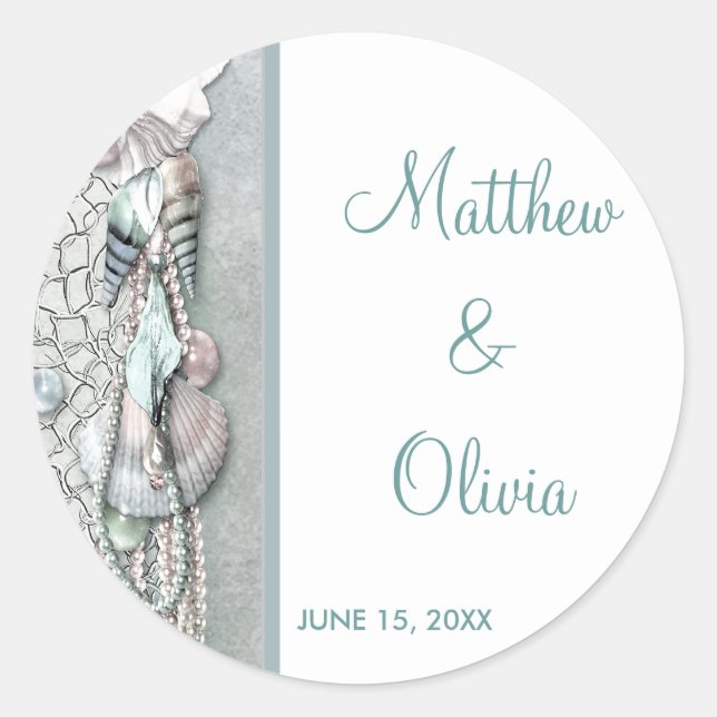 Pegatinas de Favor de Boda de Conchas de Mar Perla (Anverso)