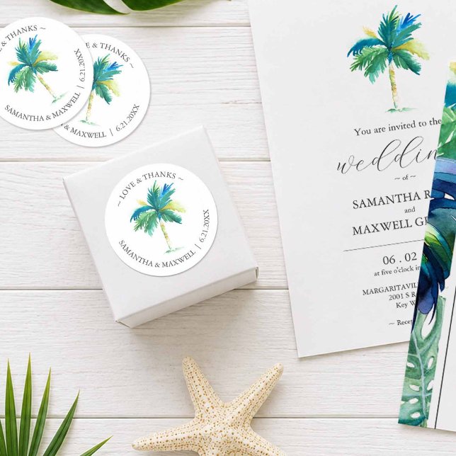 Pegatinas de Favor de Boda en Destino Tropical (Wedding favor stickers for tropical destination weddings with palm tree art)