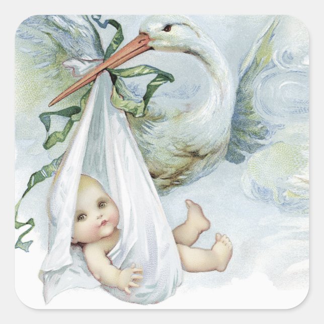 Pegatinas de favor de ducha de bebé niño cigüeña (Anverso)