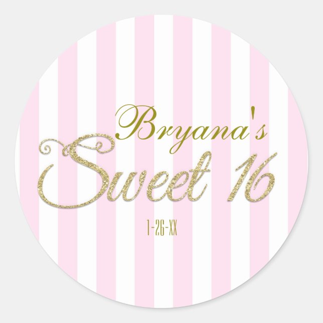 Pegatinas de Favor de Fiesta Rosa SWEET 16 con Bri (Anverso)