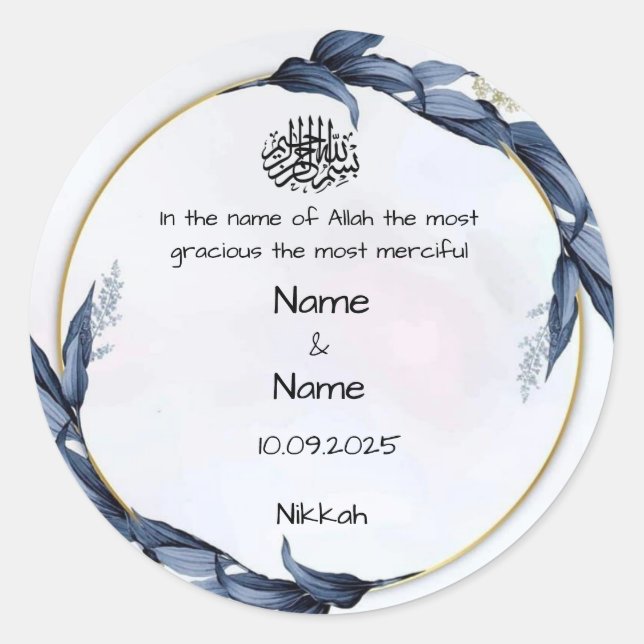 Pegatinas de favor de nikkah azules florales (Anverso)