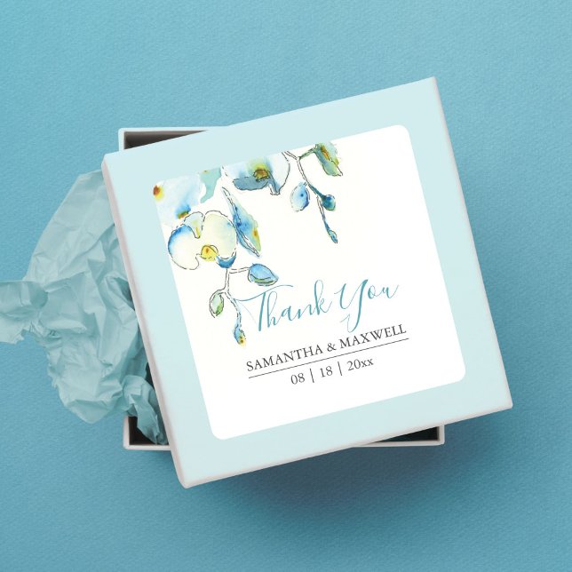Pegatinas de Favor de Orquídea Azul con Acuarela F (Thank you stickers for favors blue watercolor orchids by Victoria Grigaliunas)
