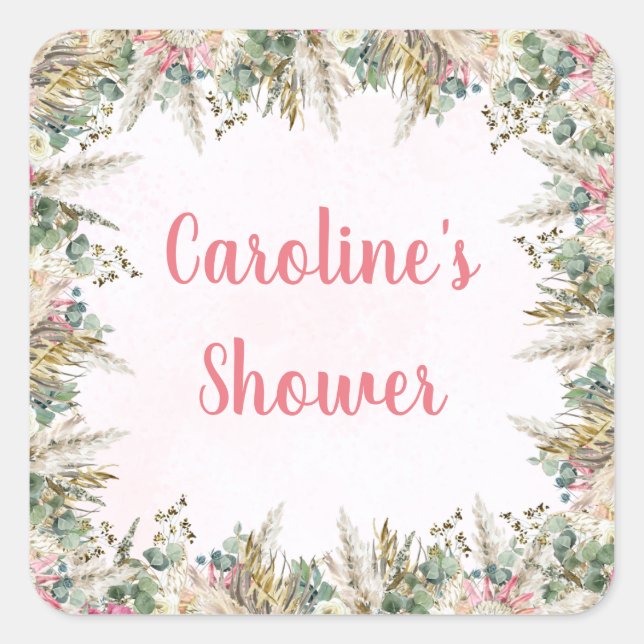 Pegatinas de Favor de Paja de Pampas Boho Rosado | (Anverso)