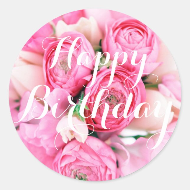Pegatinas de flores rosadas felices de cumpleaños (Anverso)