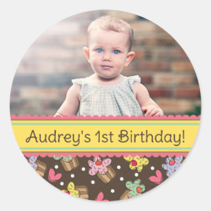 Pegatinas de fotos de cumpleaños de niña con cupca