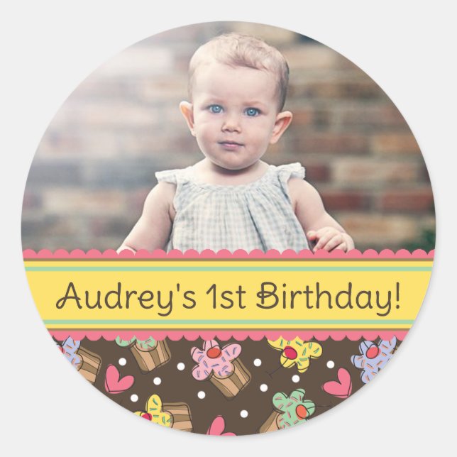 Pegatinas de fotos de cumpleaños de niña con cupca (Anverso)