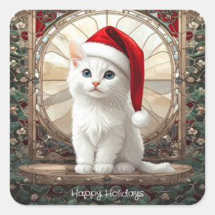 Pegatinas de Gatito Blanco con Sombrero de Santa
