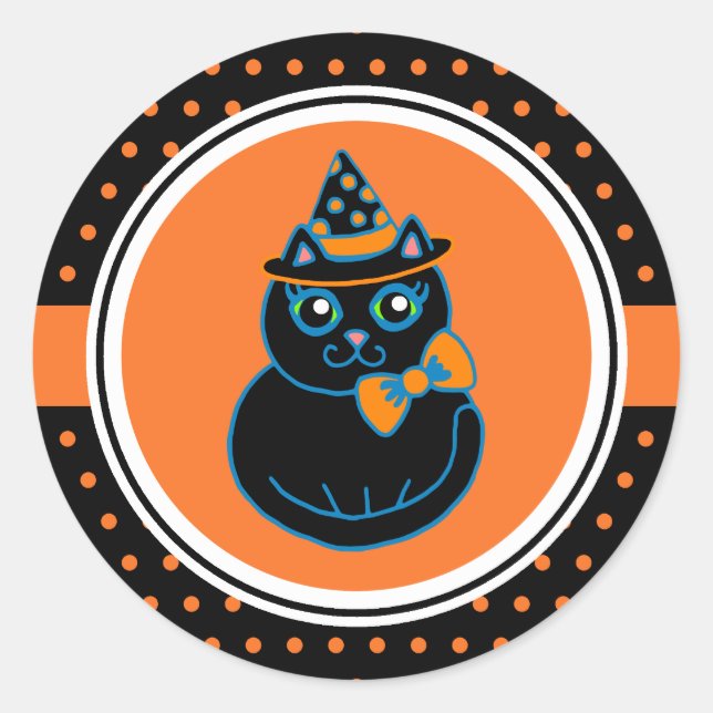 Pegatinas de gato negro Retro Feliz Halloween (Anverso)