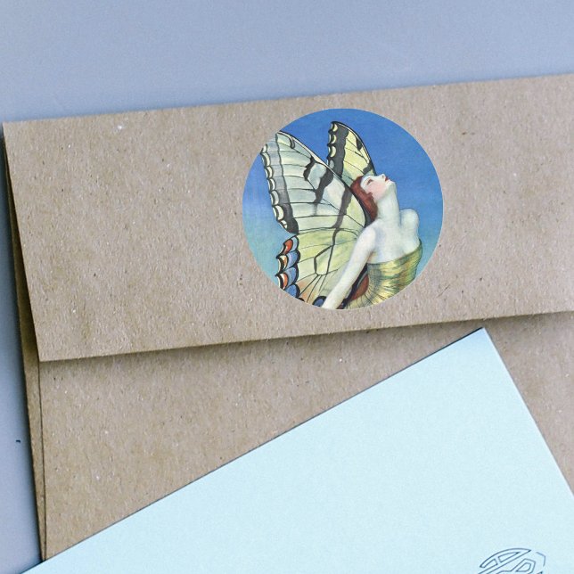 Pegatinas de hadas de mariposa dorada (Pretty monarch butterfly fairy red hair golden dress in blue sky on stickers.)