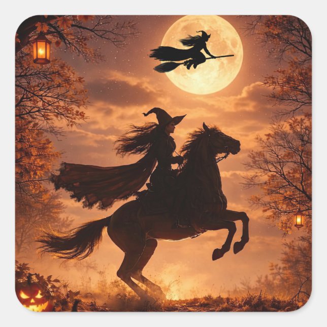 Pegatinas de Halloween de brujas con caballo (Anverso)