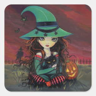Pegatinas de Halloween de Brujita y Gato Negro