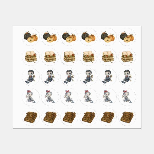 Pegatinas de Halloween de época - Calabaza, muñeca (Hoja)