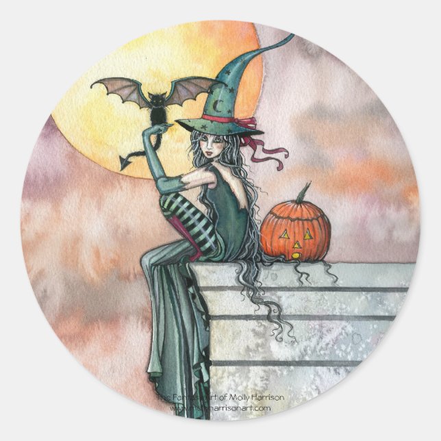Pegatinas de Halloween de Gato Bruja por Molly Har (Anverso)