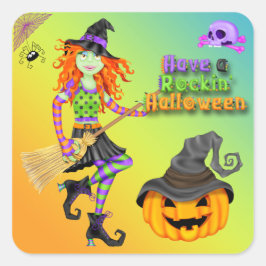 Pegatinas de Halloween Rockin Witch Square